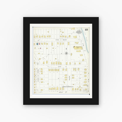Old map wall art mockup — black gallery frame with white mat — Sanborn Fire Insurance Map from Warren, Trumbull County, Ohio (1908), Sheet #0025