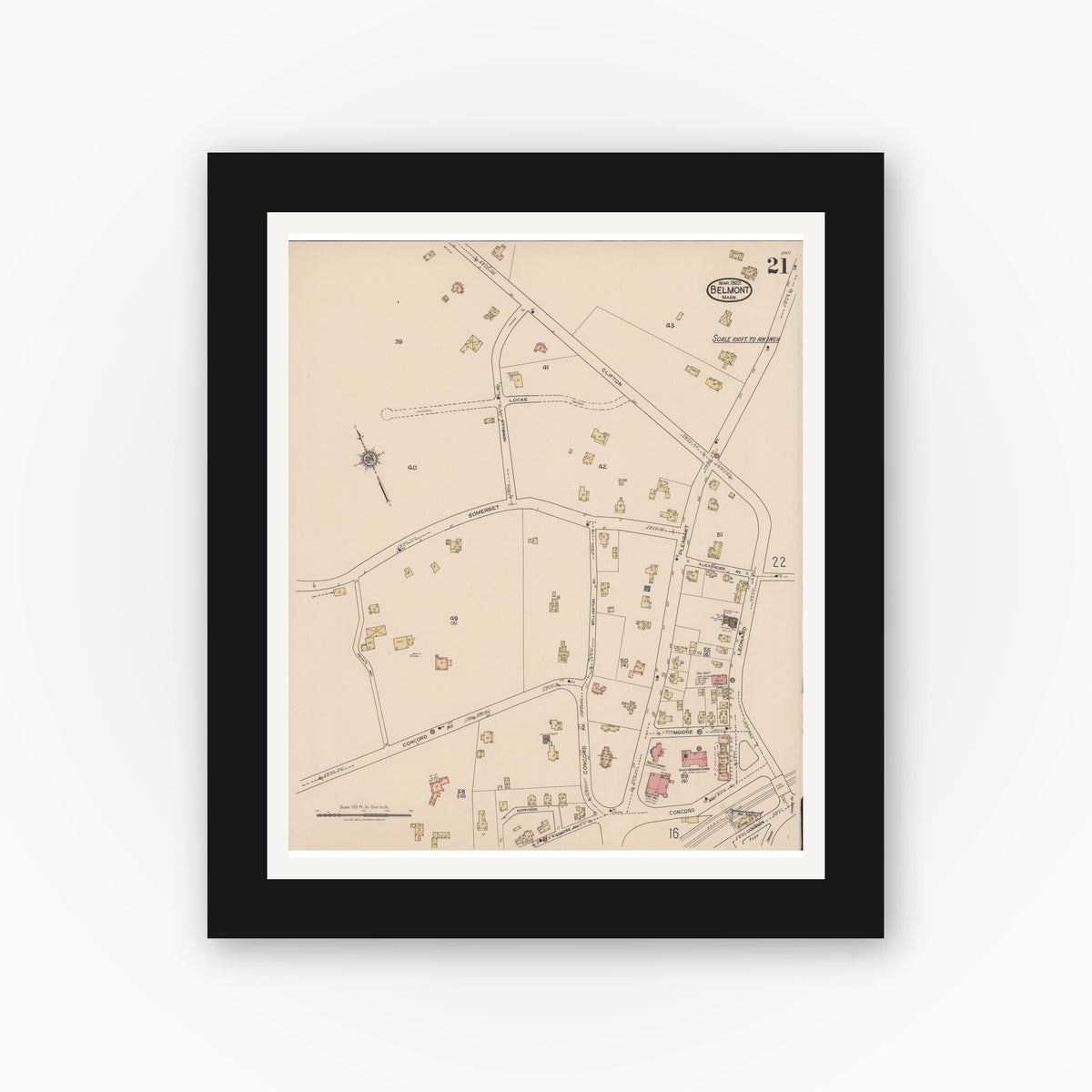 Old map wall art mockup — black gallery frame with white mat — Sanborn Fire Insurance Map from Belmont, Middlesex County, Massachusetts (1922), Sheet #0021