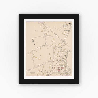 Old map wall art mockup — black gallery frame with white mat — Sanborn Fire Insurance Map from Belmont, Middlesex County, Massachusetts (1922), Sheet #0021