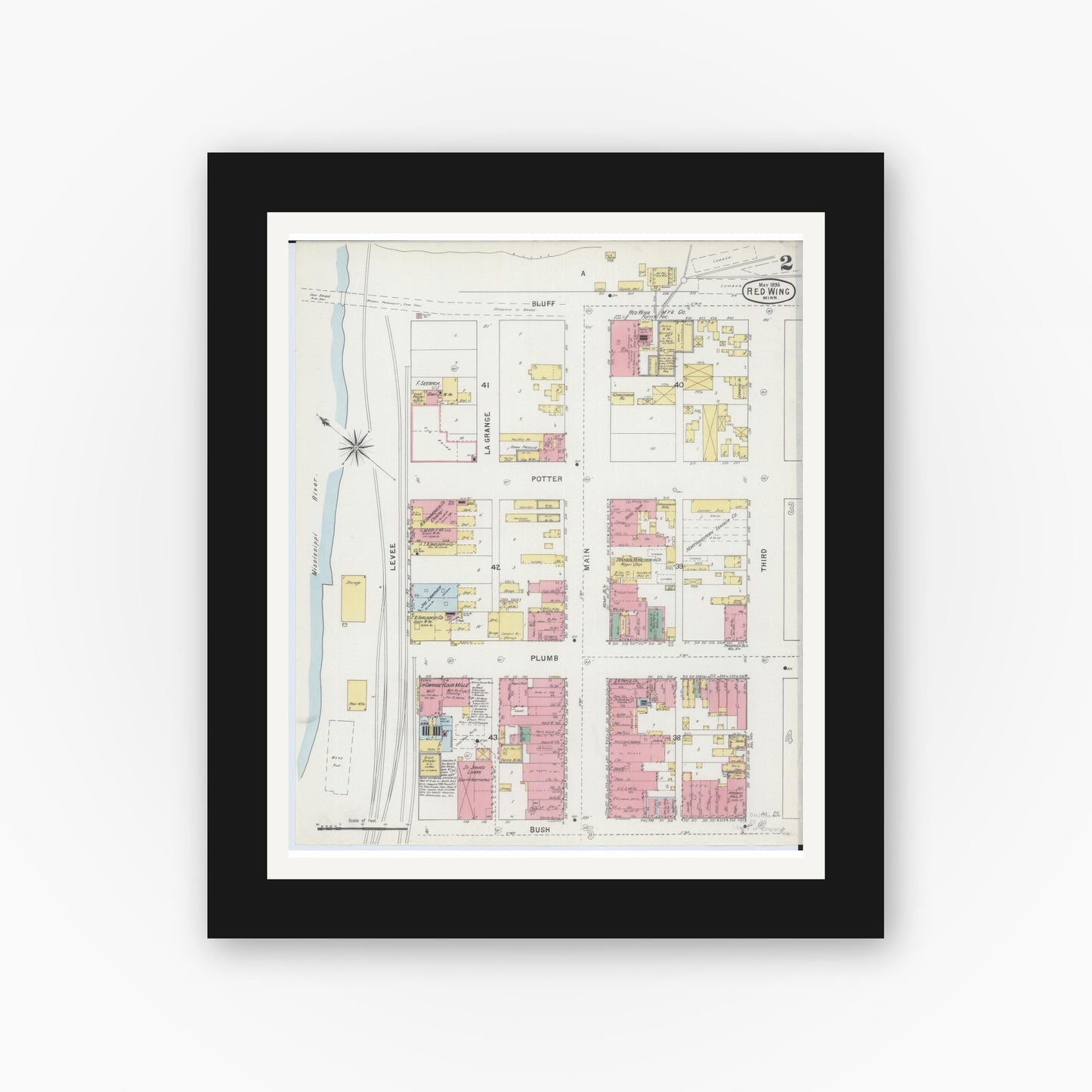 Old map wall art mockup — black gallery frame with white mat — Sanborn Fire Insurance Map from Red Wing, Goodhue County, Minnesota (1895), Sheet #0002