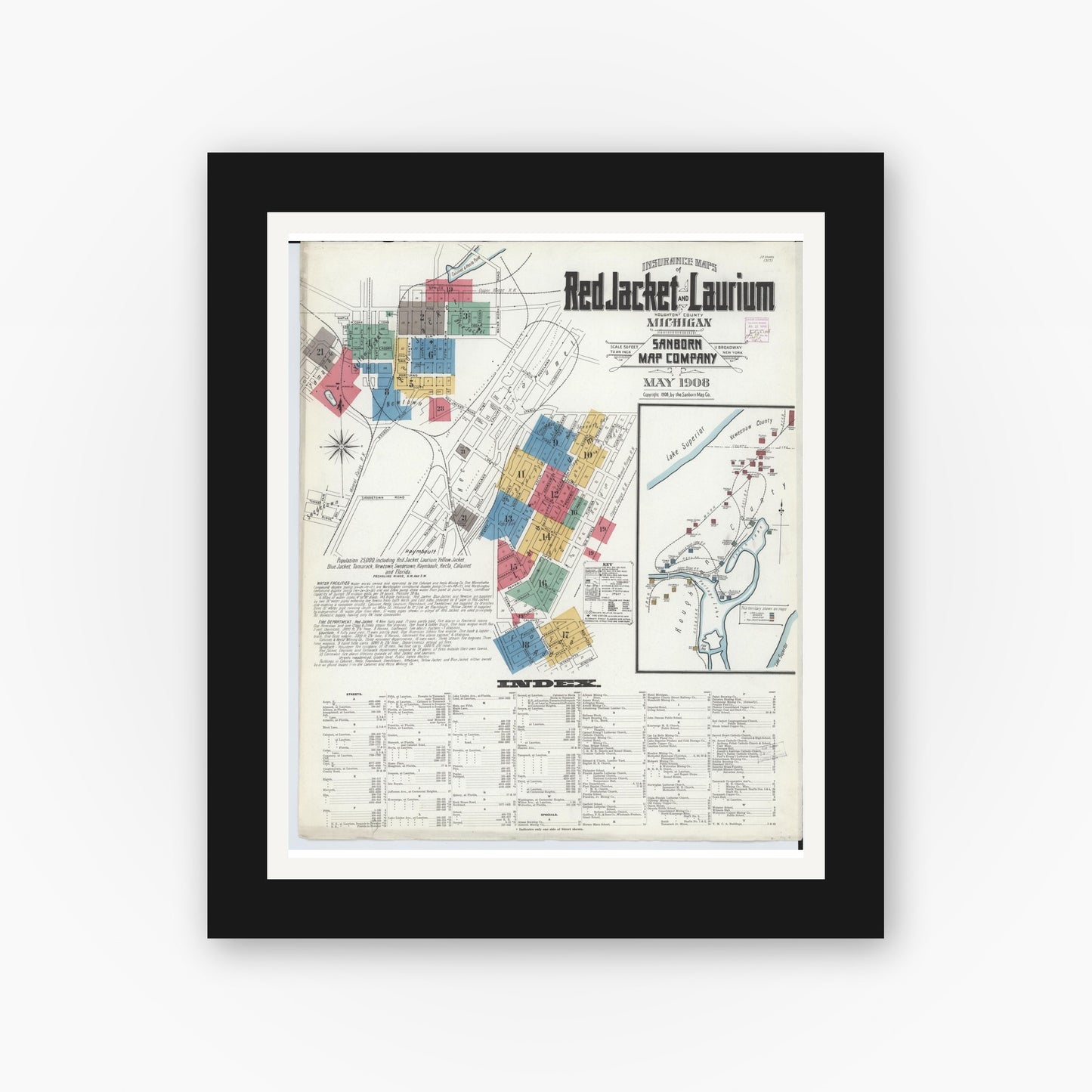 Old map wall art mockup — black gallery frame with white mat — Sanborn Fire Insurance Map from Red Jacket, Houghton County, Michigan (1908) - Complete Map Set
