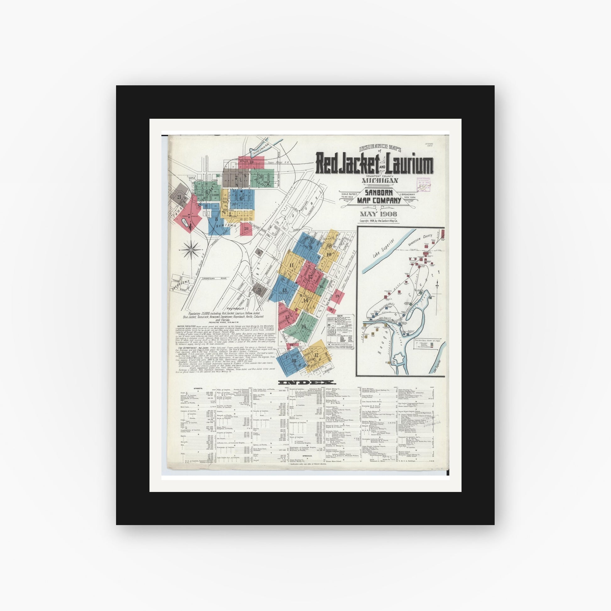 Old map wall art mockup — black gallery frame with white mat — Sanborn Fire Insurance Map from Red Jacket, Houghton County, Michigan (1908) - Complete Map Set