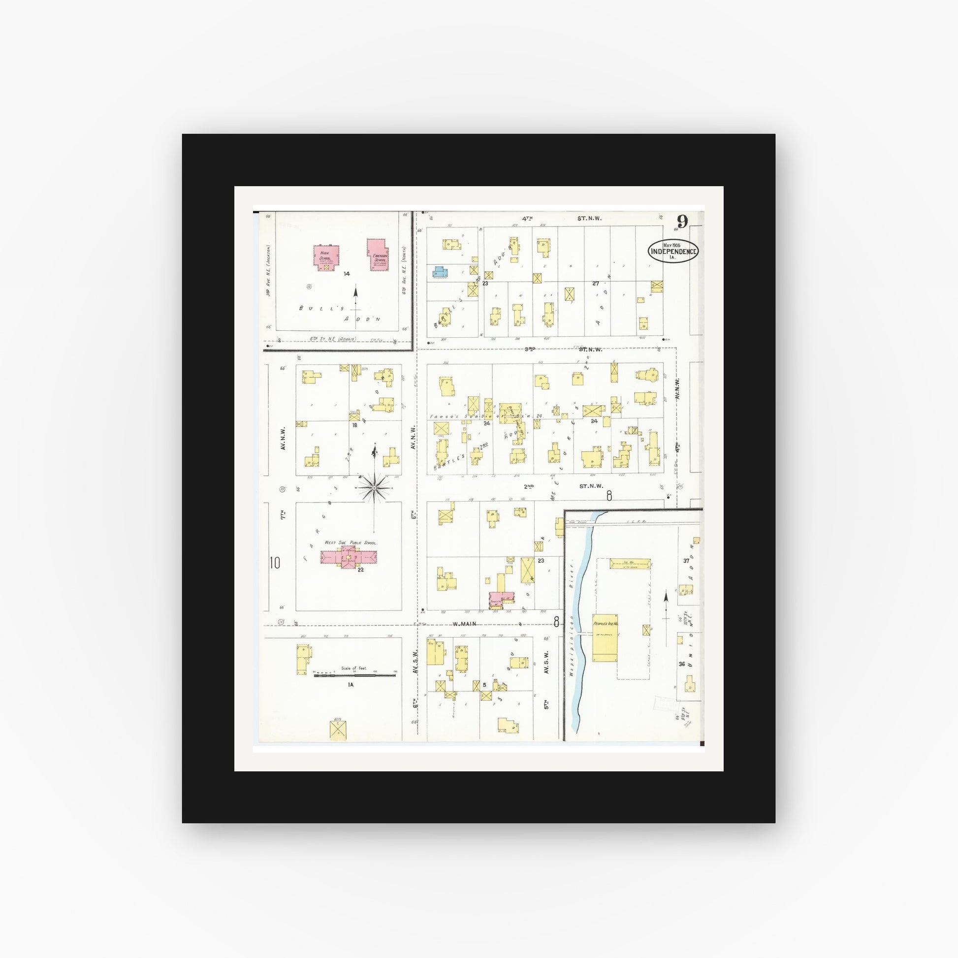 Old map wall art mockup — black gallery frame with white mat — Sanborn Fire Insurance Map from Independence, Buchanan County, Iowa (1905), Sheet #0009