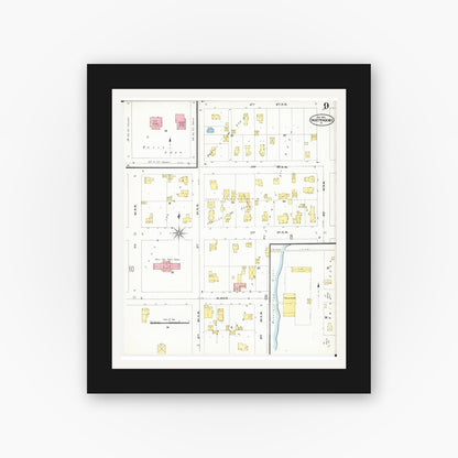 Old map wall art mockup — black gallery frame with white mat — Sanborn Fire Insurance Map from Independence, Buchanan County, Iowa (1905), Sheet #0009