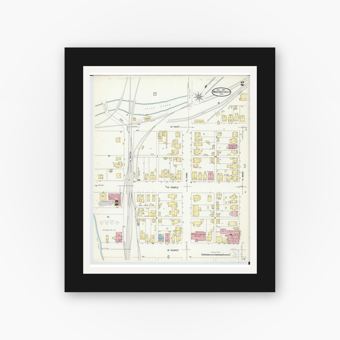 Old map wall art mockup — black gallery frame with white mat — Sanborn Fire Insurance Map from Washington Court House, Fayette County, Ohio (1907), Sheet #0002
