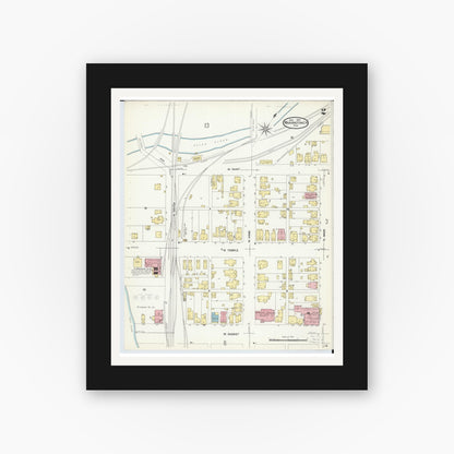 Old map wall art mockup — black gallery frame with white mat — Sanborn Fire Insurance Map from Washington Court House, Fayette County, Ohio (1907), Sheet #0002
