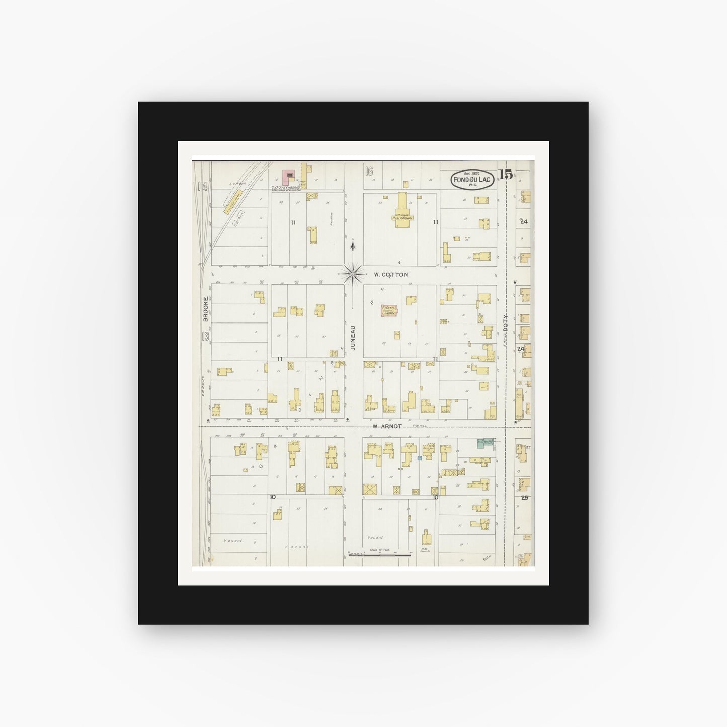 Old map wall art mockup — black gallery frame with white mat — Sanborn Fire Insurance Map from Fond du Lac, Fond du Lac County, Wisconsin (1892), Sheet #0015