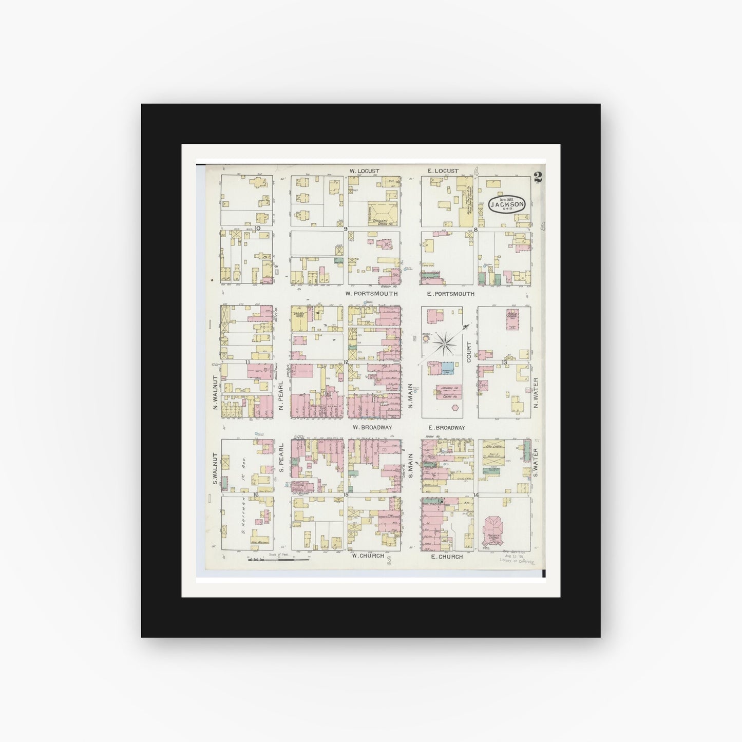 Old map wall art mockup — black gallery frame with white mat — Sanborn Fire Insurance Map from Jackson, Jackson County, Ohio (1892), Sheet #0002