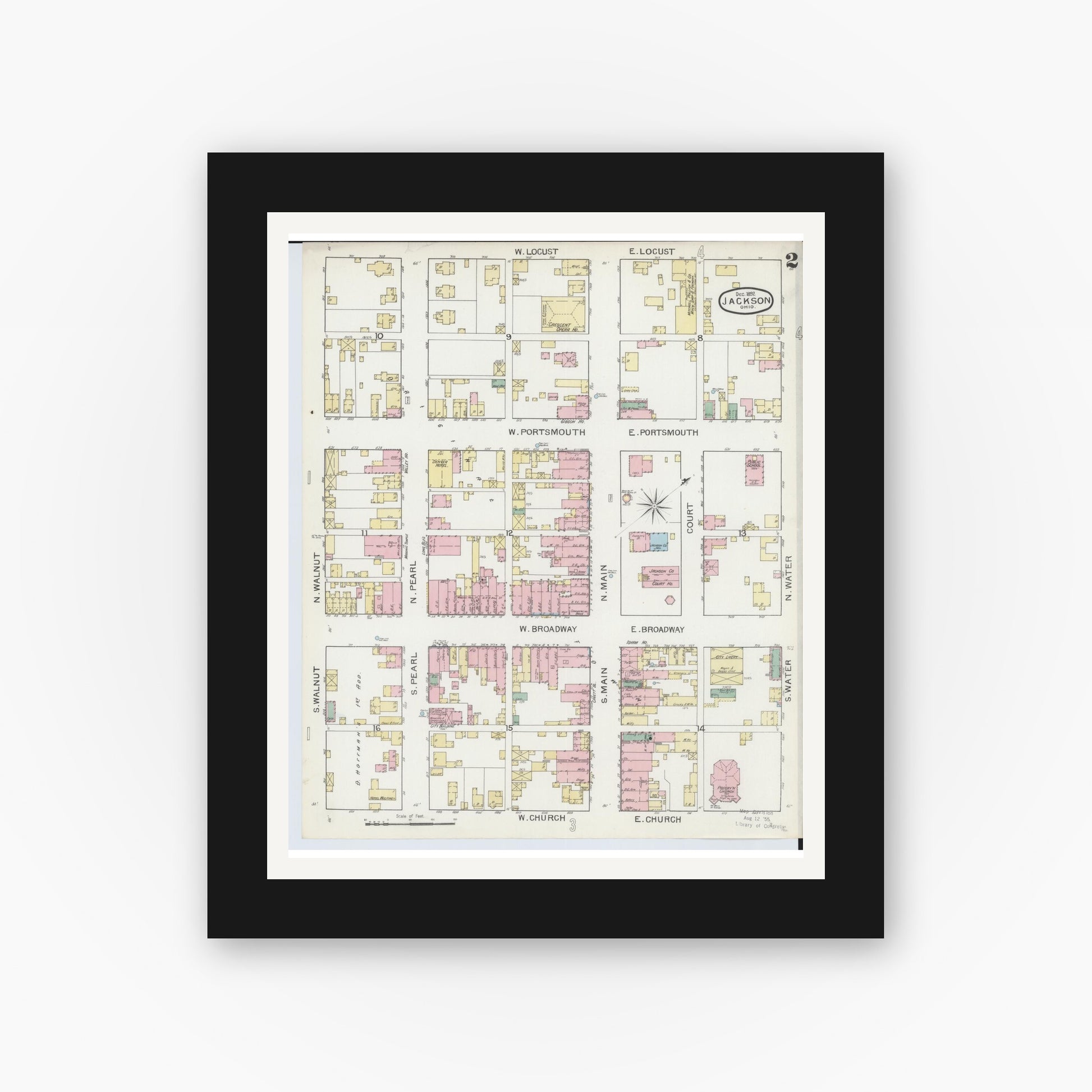 Old map wall art mockup — black gallery frame with white mat — Sanborn Fire Insurance Map from Jackson, Jackson County, Ohio (1892), Sheet #0002