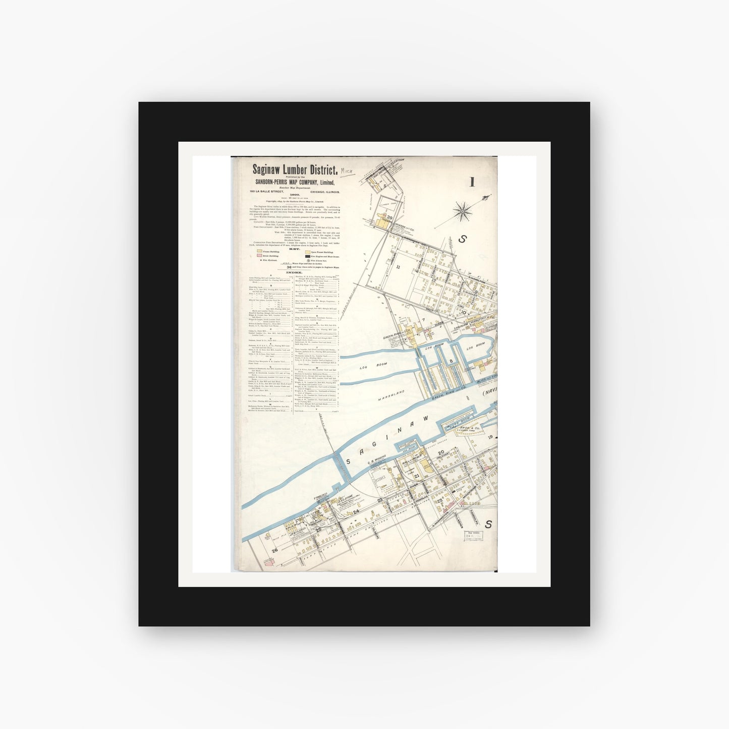 Old map wall art mockup — black gallery frame with white mat — Sanborn Fire Insurance Map from Saginaw, Saginaw County, Michigan (1895), Sheet #0001