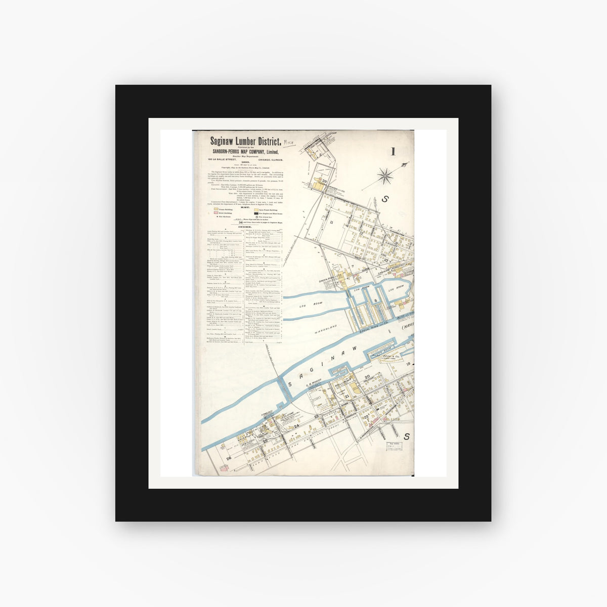 Old map wall art mockup — black gallery frame with white mat — Sanborn Fire Insurance Map from Saginaw, Saginaw County, Michigan (1895), Sheet #0001