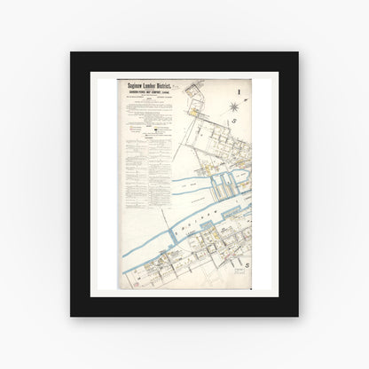Old map wall art mockup — black gallery frame with white mat — Sanborn Fire Insurance Map from Saginaw, Saginaw County, Michigan (1895), Sheet #0001