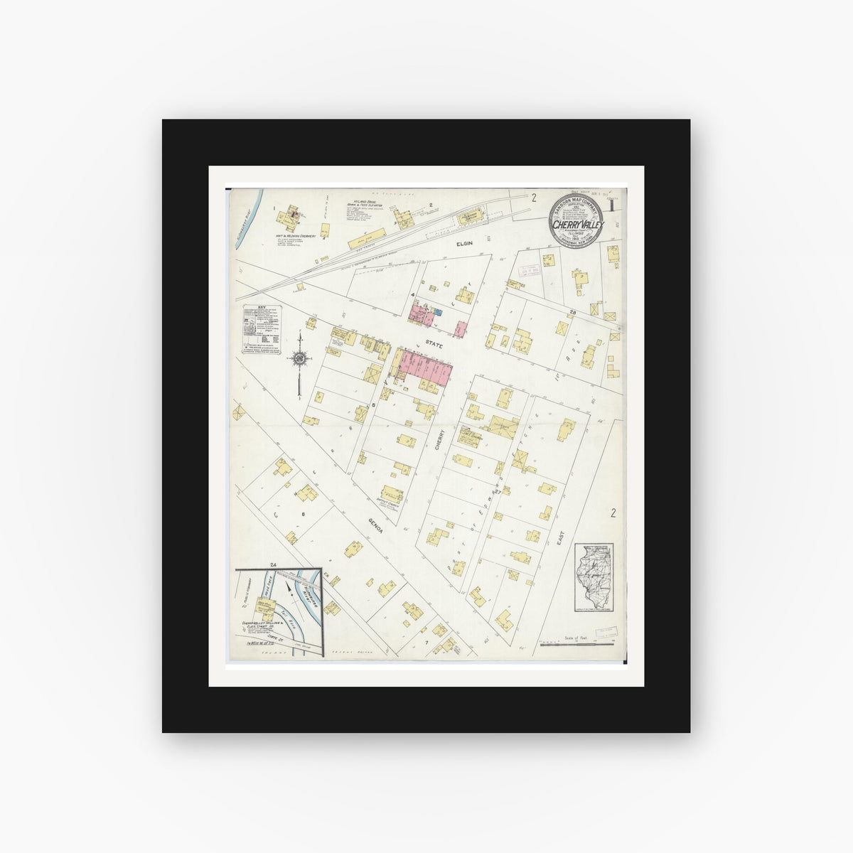 Old map wall art mockup — black gallery frame with white mat — Sanborn Fire Insurance Map from Cherry Valley, Winnebago County, Illinois (1913), Sheet #0001