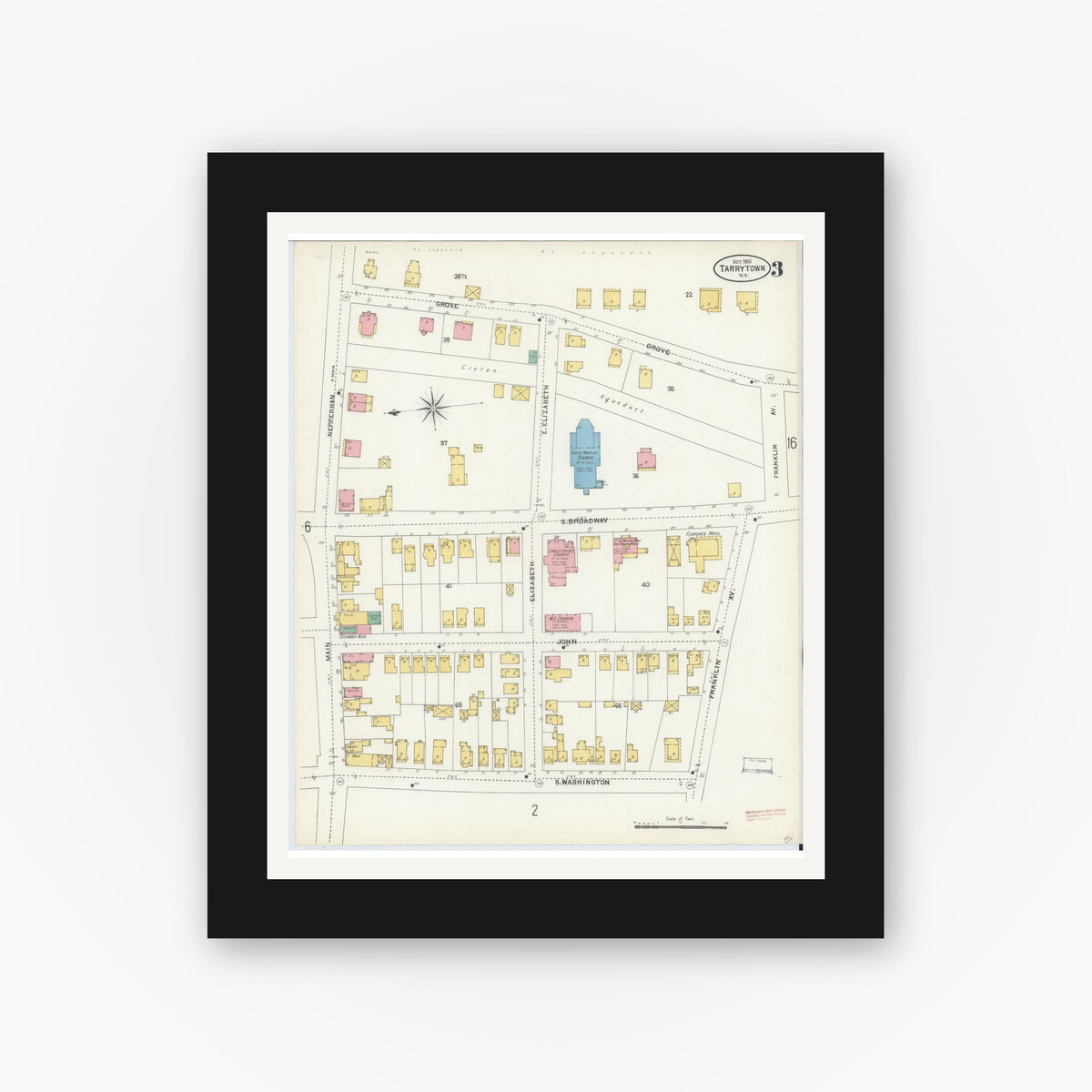 Old map wall art mockup — black gallery frame with white mat — Sanborn Fire Insurance Map from Tarrytown, Westchester County, New York (1903), Sheet #0003
