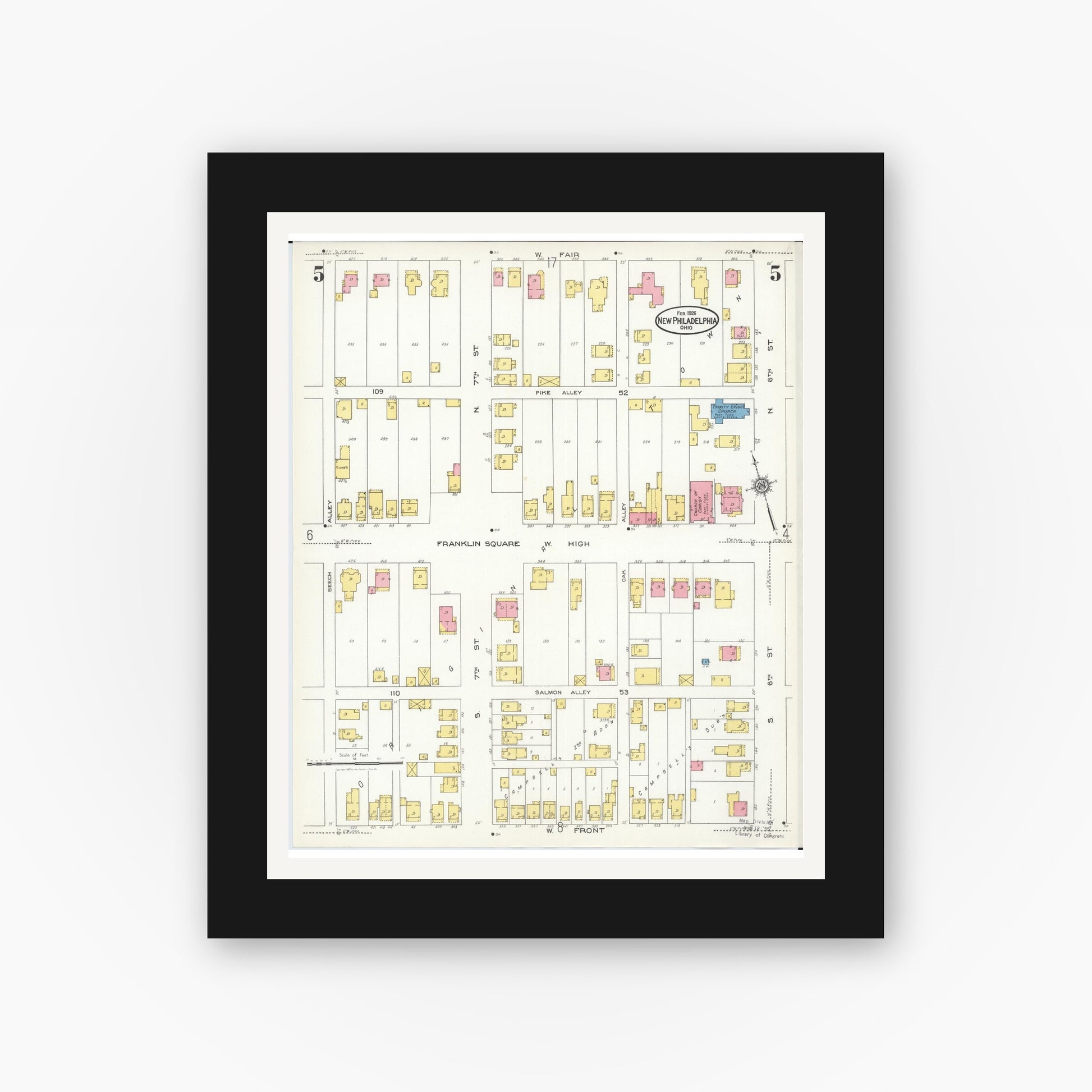 Old map wall art mockup — black gallery frame with white mat — Sanborn Fire Insurance Map from New Philadelphia, Tuscarawas County, Ohio (1926), Sheet #0005