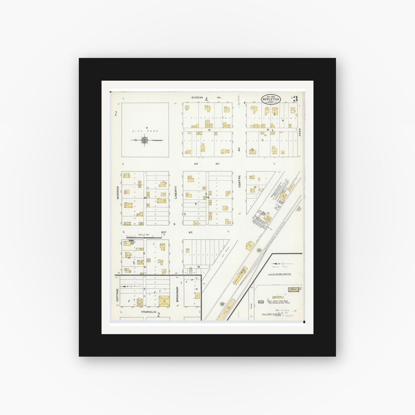 Old map wall art mockup — black gallery frame with white mat — Sanborn Fire Insurance Map from Appleton, Swift County, Minnesota (1909), Sheet #0003