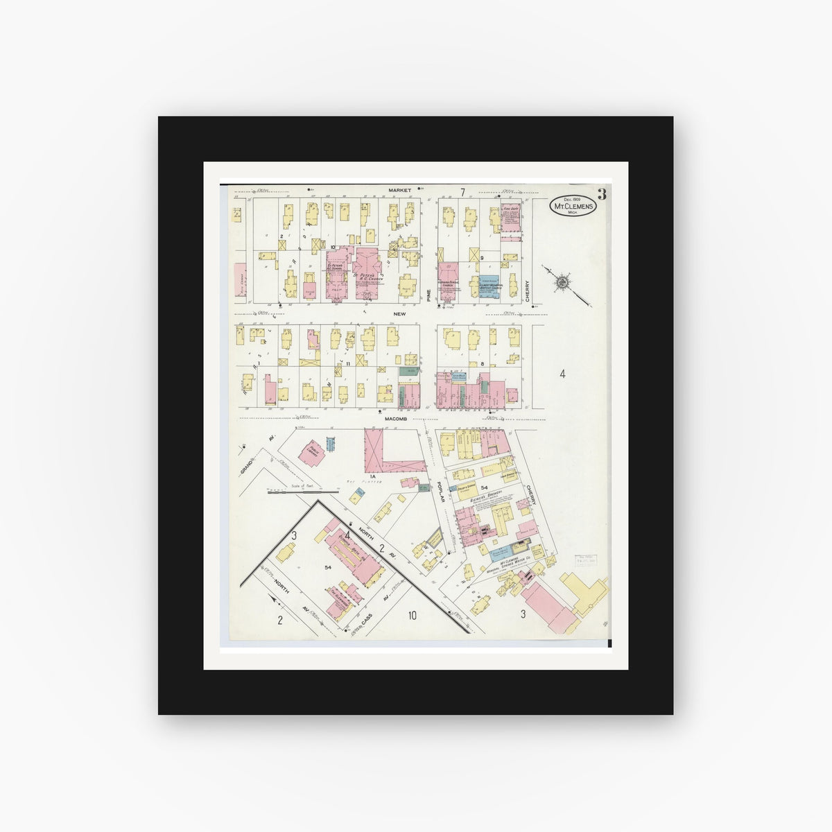 Old map wall art mockup — black gallery frame with white mat — Sanborn Fire Insurance Map from Mount Clemens, Macomb County, Michigan (1909), Sheet #0003