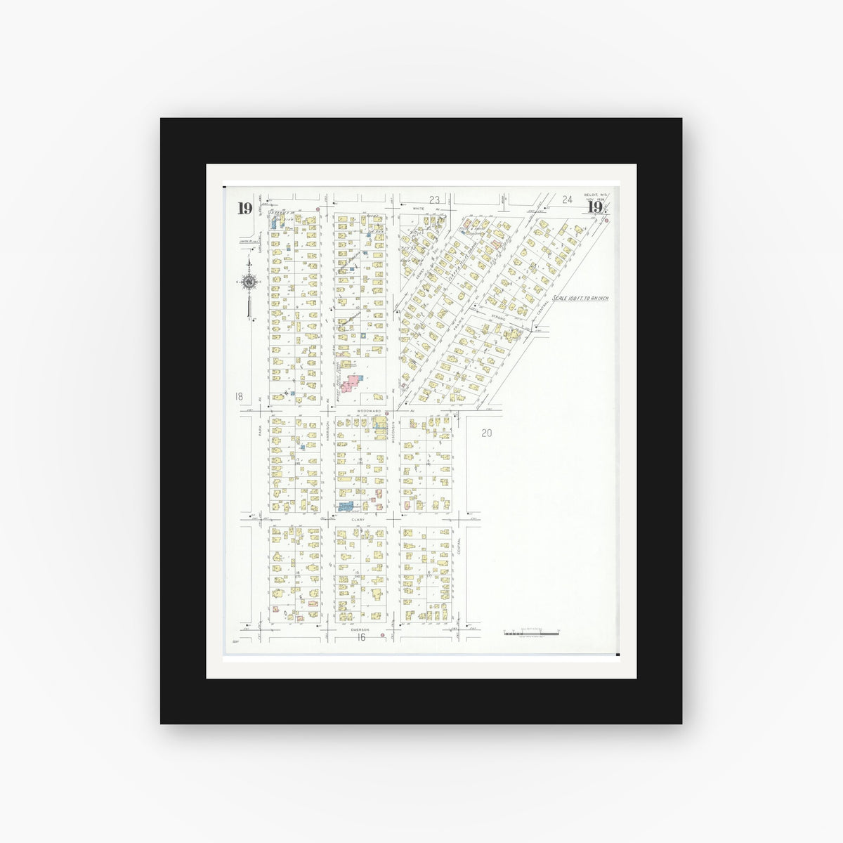 Old map wall art mockup — black gallery frame with white mat — Sanborn Fire Insurance Map from Beloit, Rock County, Wisconsin (1939), Sheet #0019