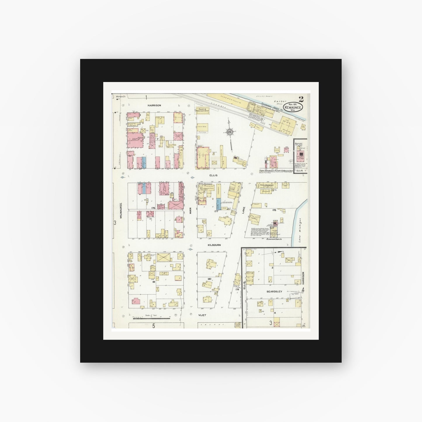 Old map wall art mockup — black gallery frame with white mat — Sanborn Fire Insurance Map from Kewaunee, Kewaunee County, Wisconsin (1911), Sheet #0002