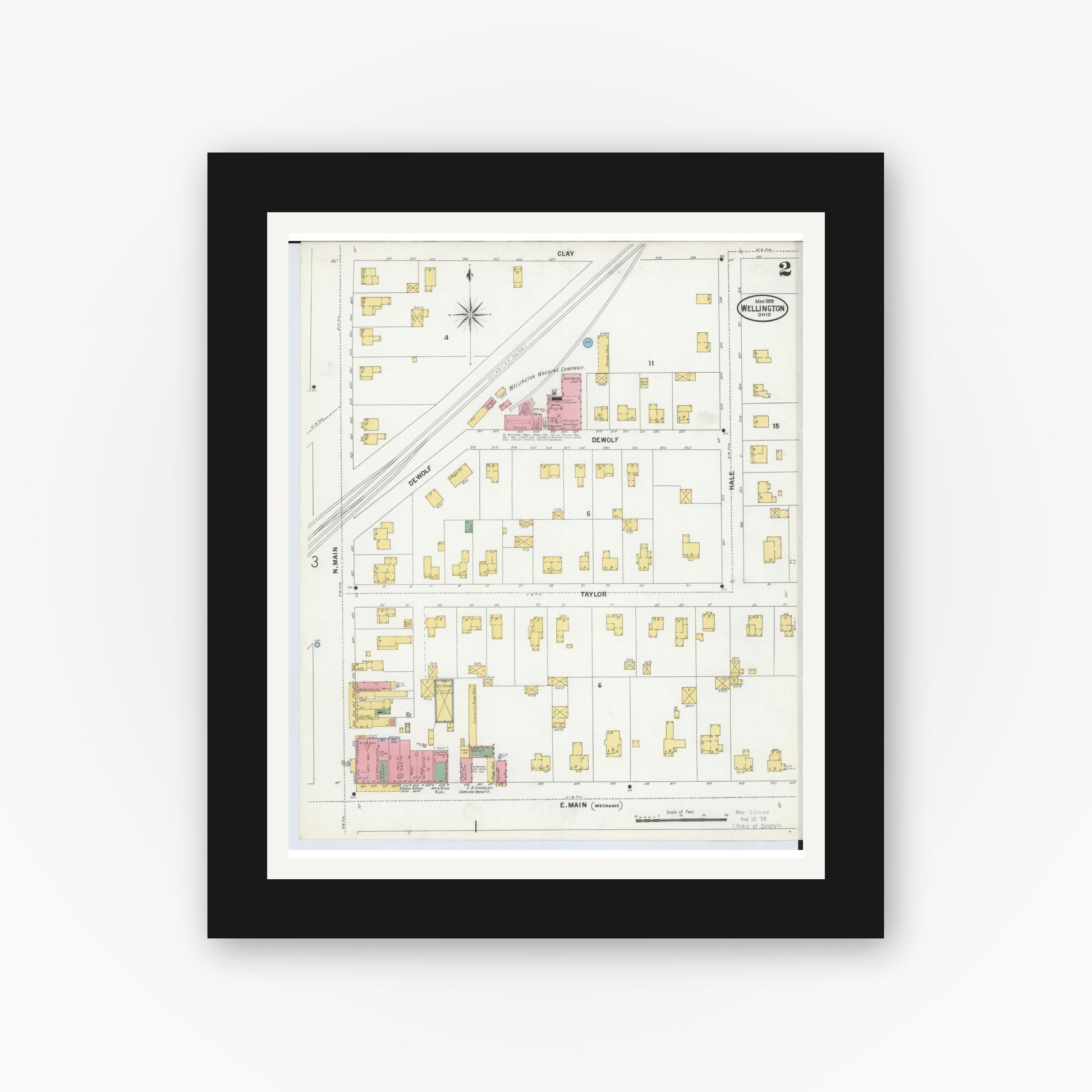 Old map wall art mockup — black gallery frame with white mat — Sanborn Fire Insurance Map from Wellington, Lorain County, Ohio (1899), Sheet #0002