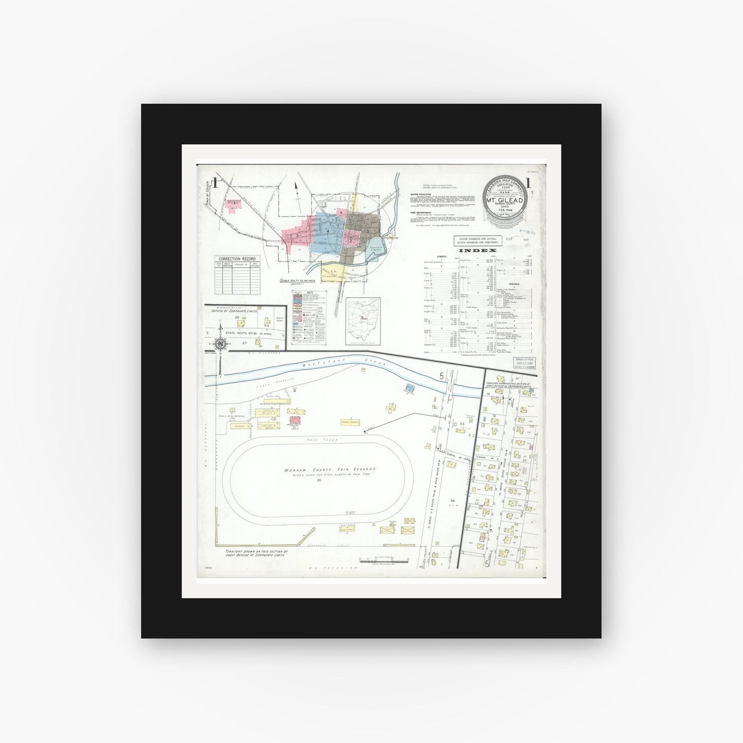 Old map wall art mockup — black gallery frame with white mat — Sanborn Fire Insurance Map from Mount Gilead, Morrow County, Ohio (1946), Sheet #0001