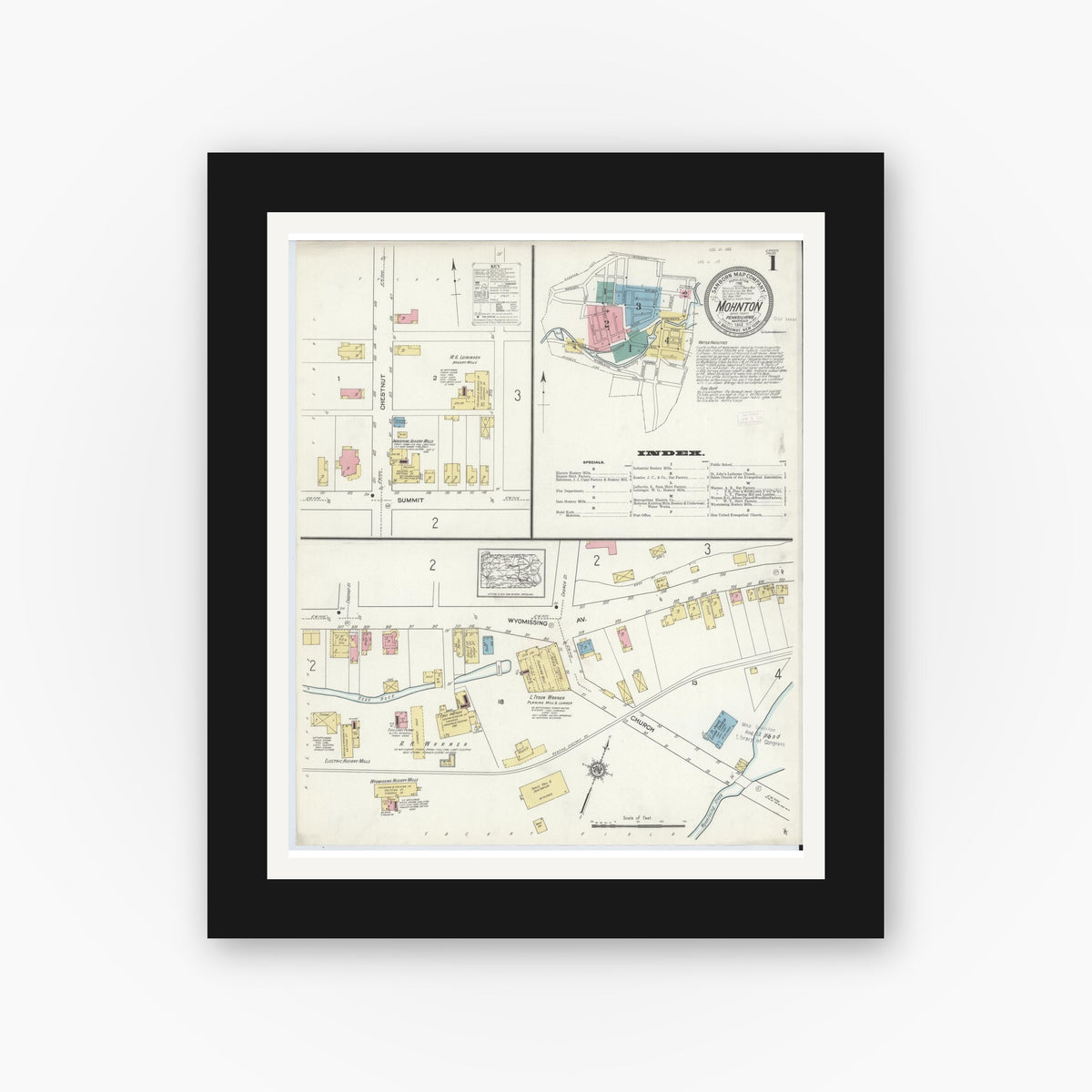 Old map wall art mockup — black gallery frame with white mat — Sanborn Fire Insurance Map from Mohnton, Berks County, Pennsylvania (1912), Sheet #0001