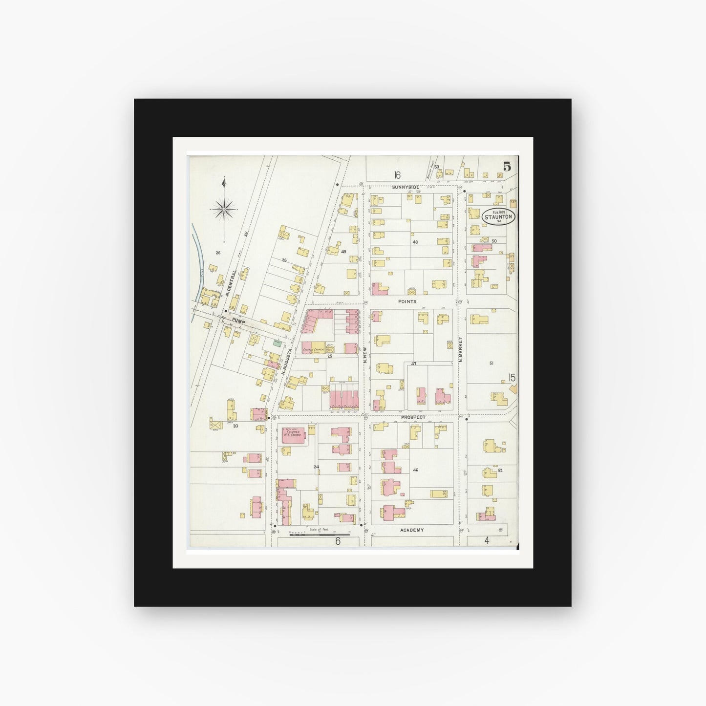 Old map wall art mockup — black gallery frame with white mat — Sanborn Fire Insurance Map from Staunton, Independent Cities, Virginia (1899), Sheet #0005