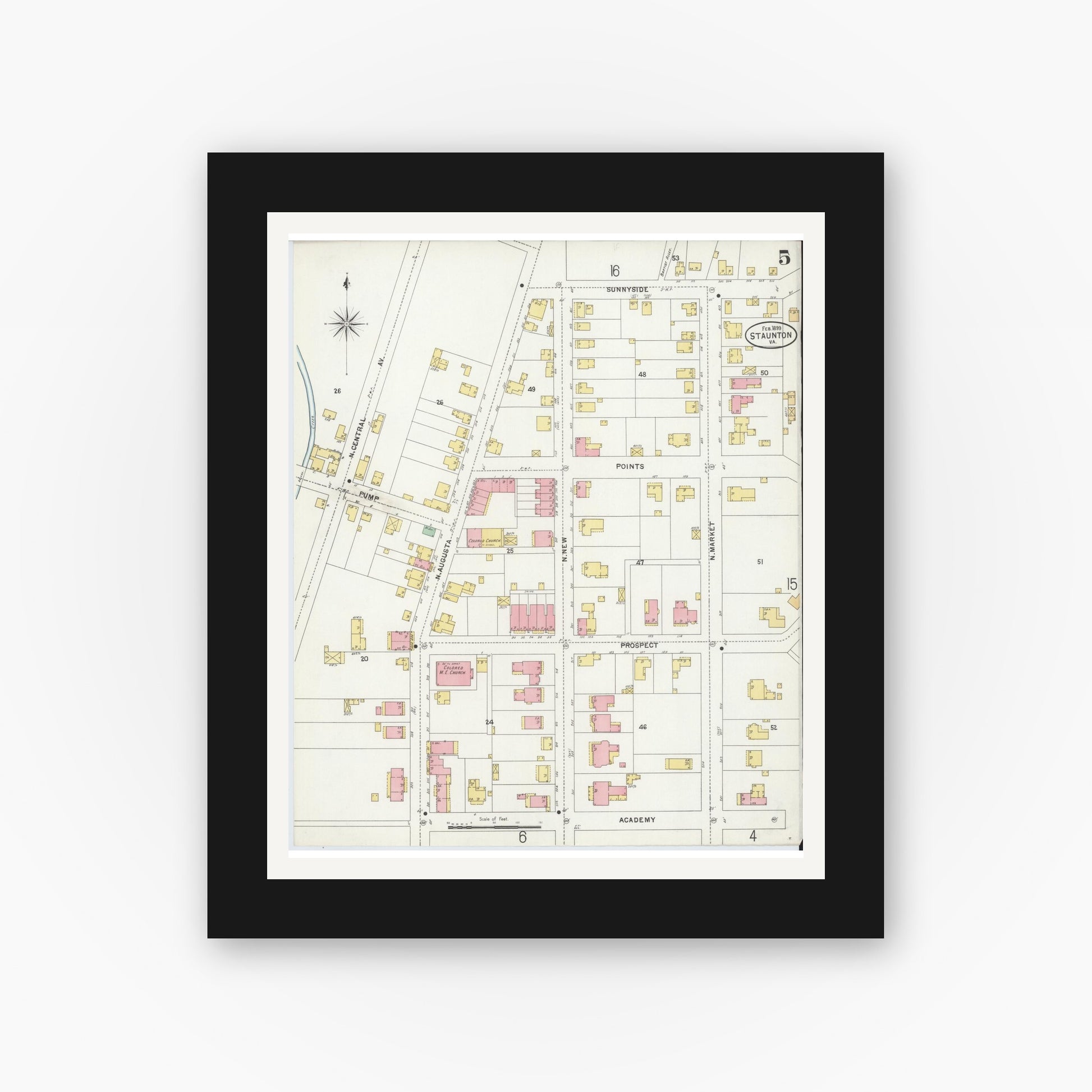 Old map wall art mockup — black gallery frame with white mat — Sanborn Fire Insurance Map from Staunton, Independent Cities, Virginia (1899), Sheet #0005