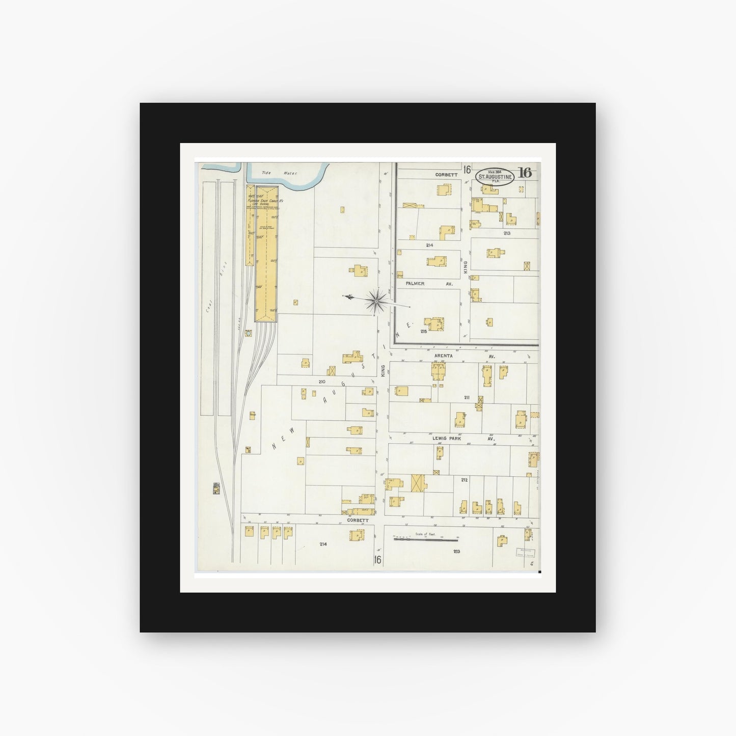 Old map wall art mockup — black gallery frame with white mat — Sanborn Fire Insurance Map from Saint Augustine, Saint John's County, Florida (1904), Sheet #0016
