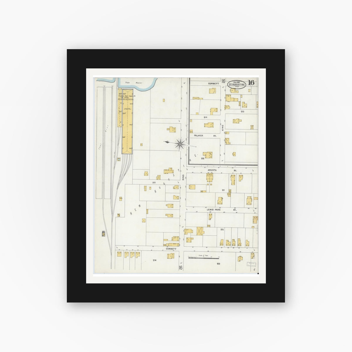 Old map wall art mockup — black gallery frame with white mat — Sanborn Fire Insurance Map from Saint Augustine, Saint John's County, Florida (1904), Sheet #0016