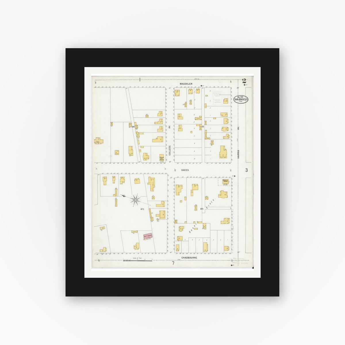 Old map wall art mockup — black gallery frame with white mat — Sanborn Fire Insurance Map from San Angelo, Tom Green County, Texas (1900), Sheet #0002