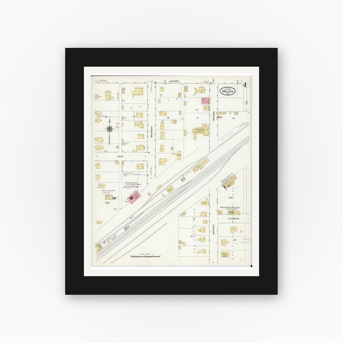 Old map wall art mockup — black gallery frame with white mat — Sanborn Fire Insurance Map from Malden, Dunklin County, Missouri (1911), Sheet #0004
