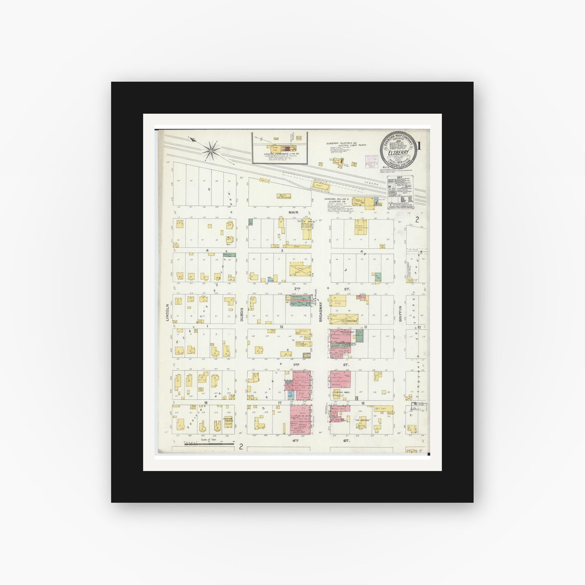 Old map wall art mockup — black gallery frame with white mat — Sanborn Fire Insurance Map from Elsberry, Lincoln County, Missouri (1906) - Complete Map Set