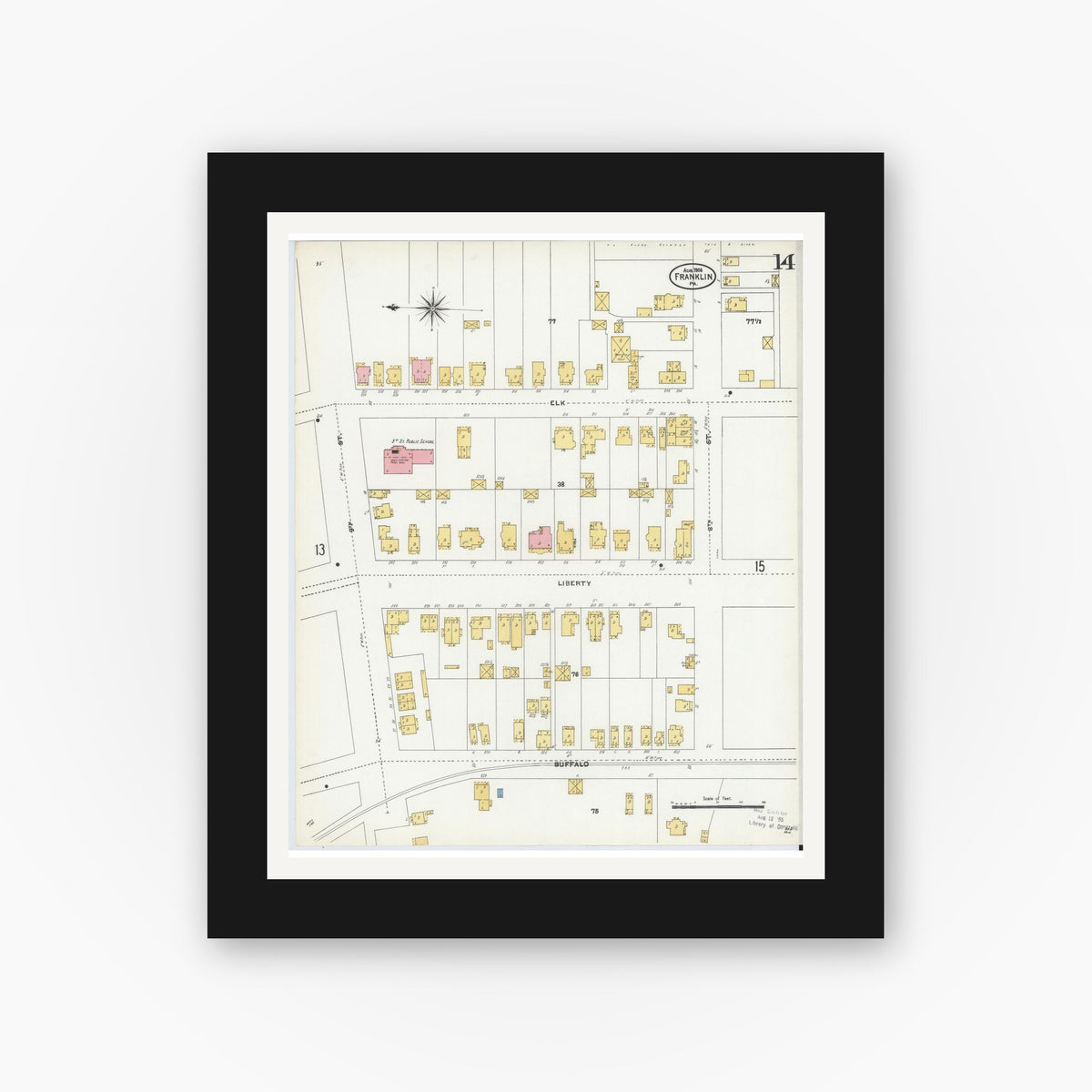 Old map wall art mockup — black gallery frame with white mat — Sanborn Fire Insurance Map from Franklin, Venango County, Pennsylvania (1906), Sheet #0014