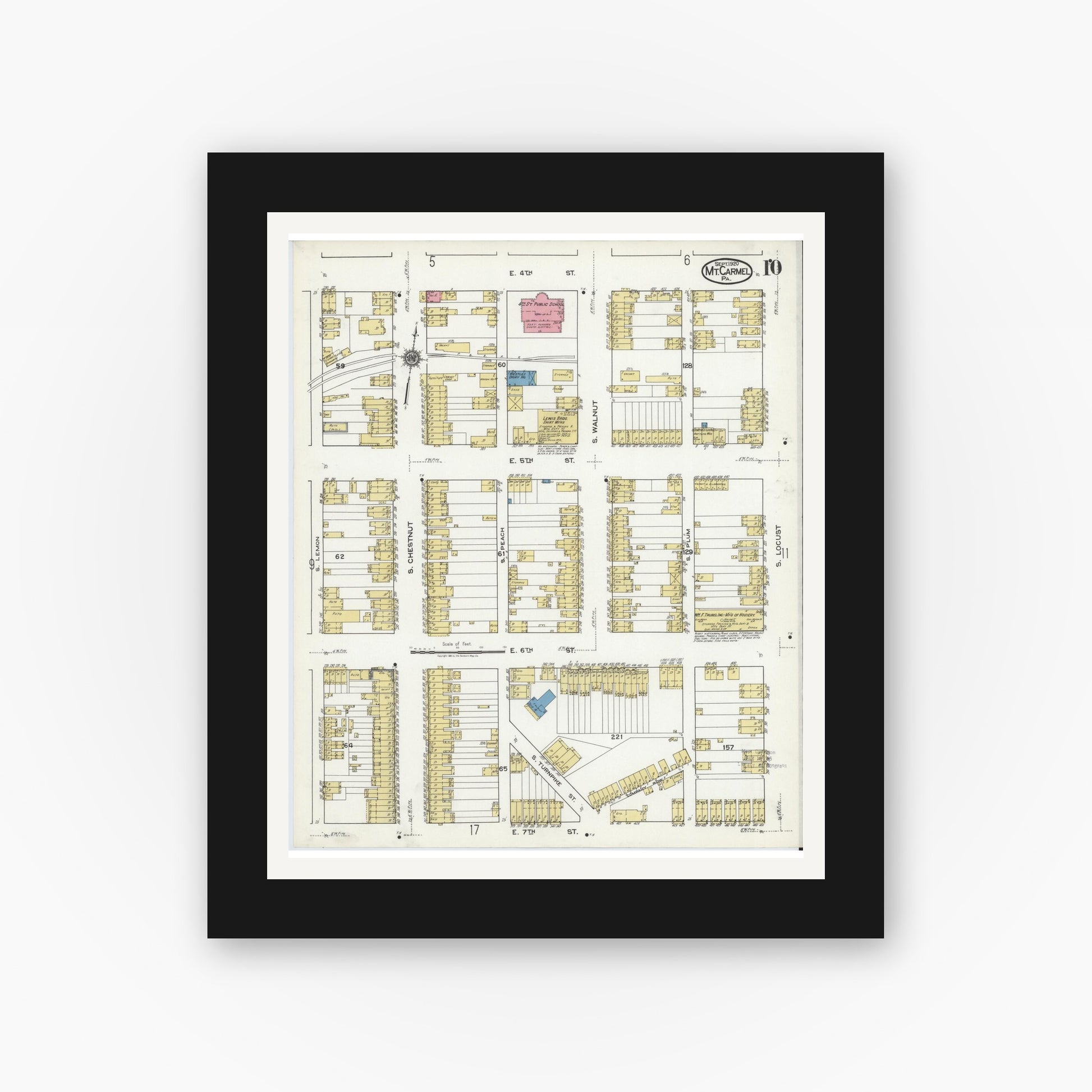 Old map wall art mockup — black gallery frame with white mat — Sanborn Fire Insurance Map from Mount Carmel, Northumberland County, Pennsylvania (1920), Sheet #0010