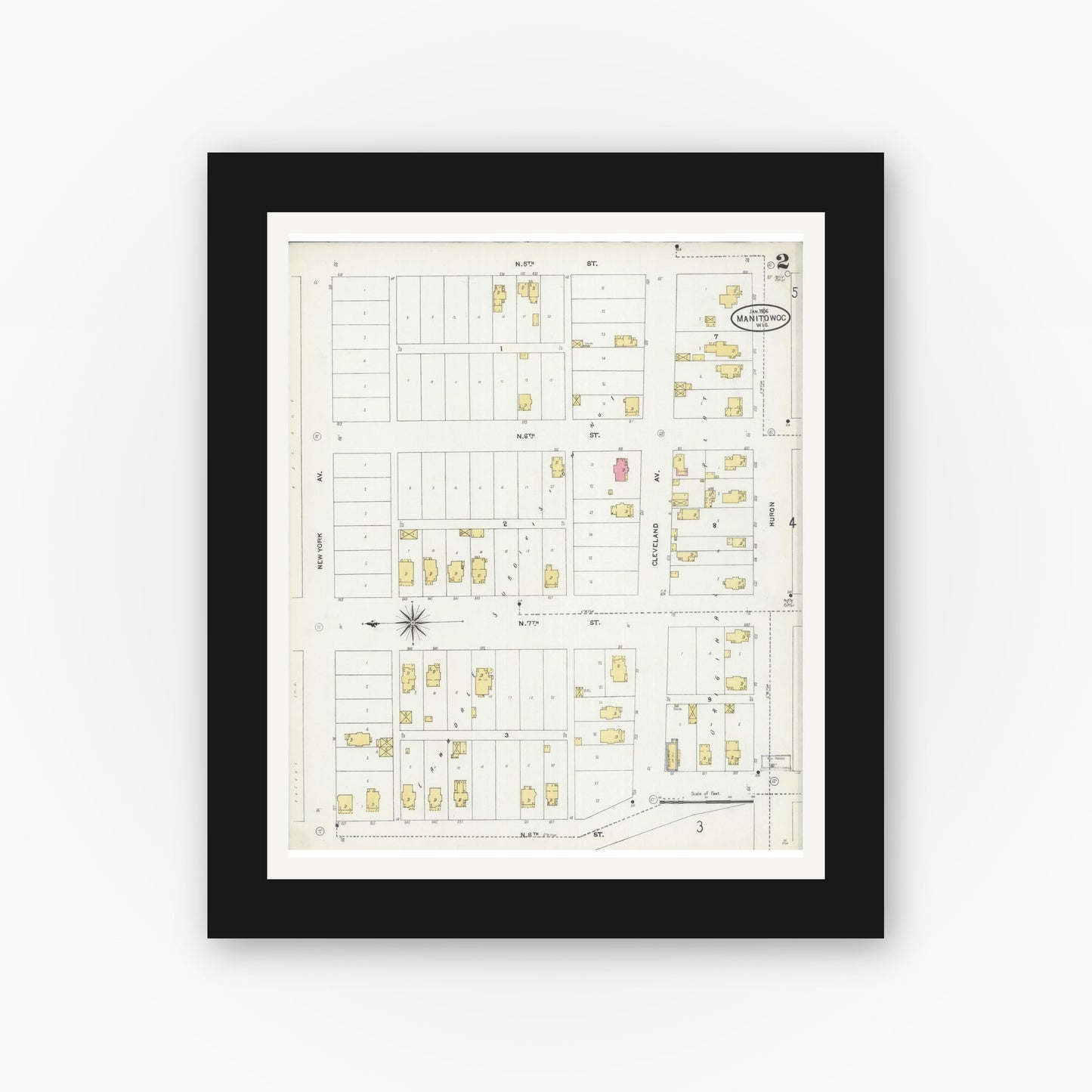 Old map wall art mockup — black gallery frame with white mat — Sanborn Fire Insurance Map from Manitowoc, Manitowoc County, Wisconsin (1906), Sheet #0002