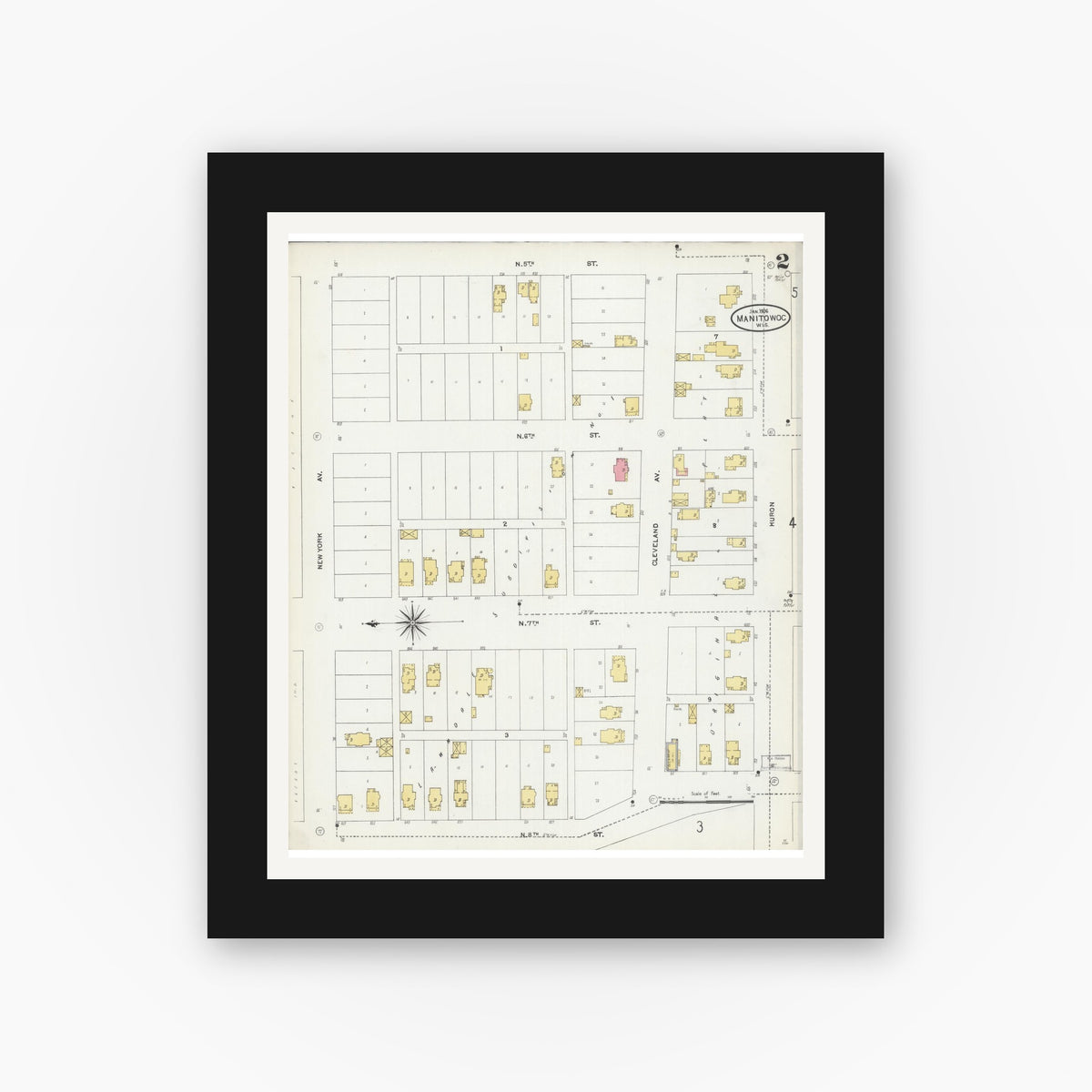 Old map wall art mockup — black gallery frame with white mat — Sanborn Fire Insurance Map from Manitowoc, Manitowoc County, Wisconsin (1906), Sheet #0002