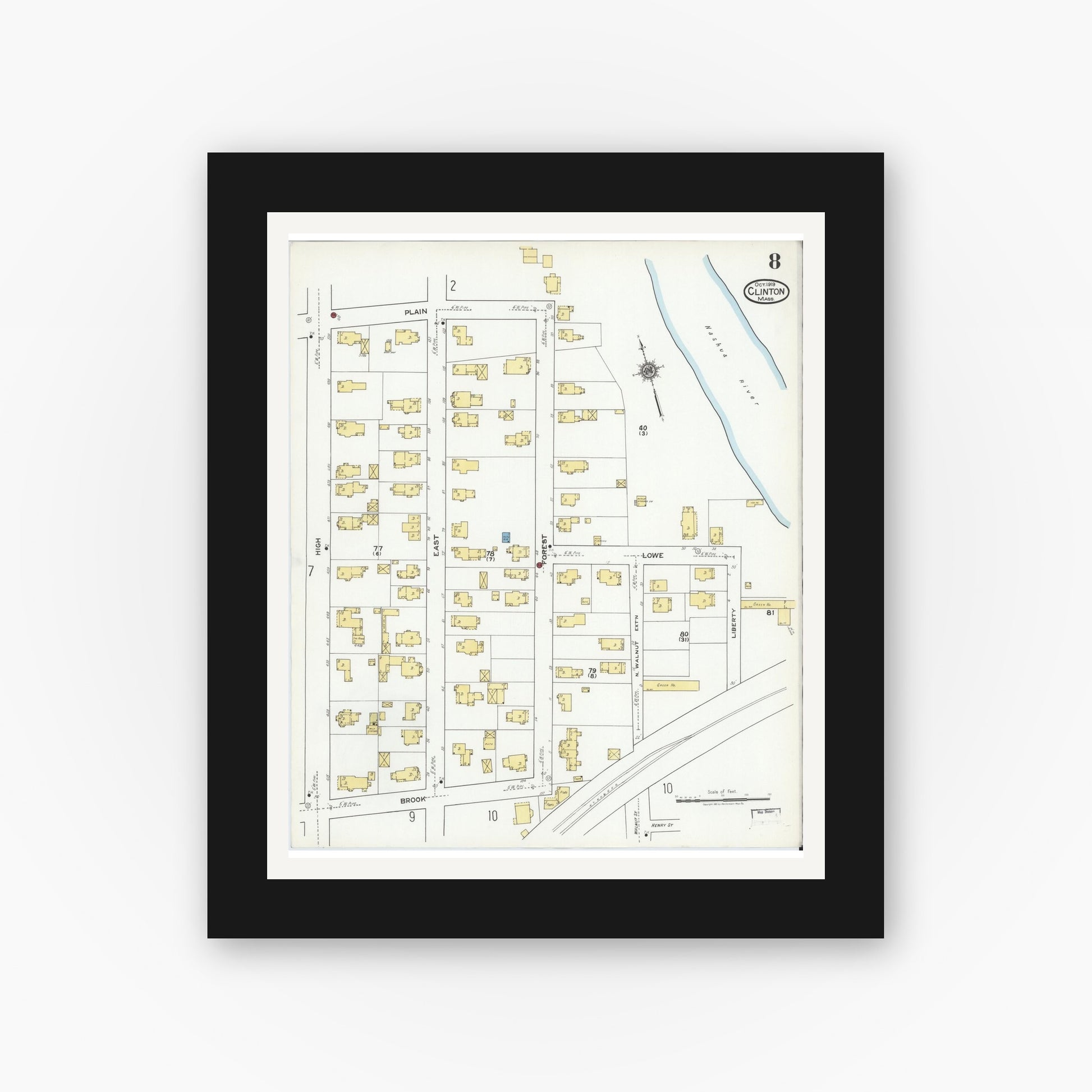 Old map wall art mockup — black gallery frame with white mat — Sanborn Fire Insurance Map from Clinton, Worcester County, Massachusetts (1919), Sheet #0008