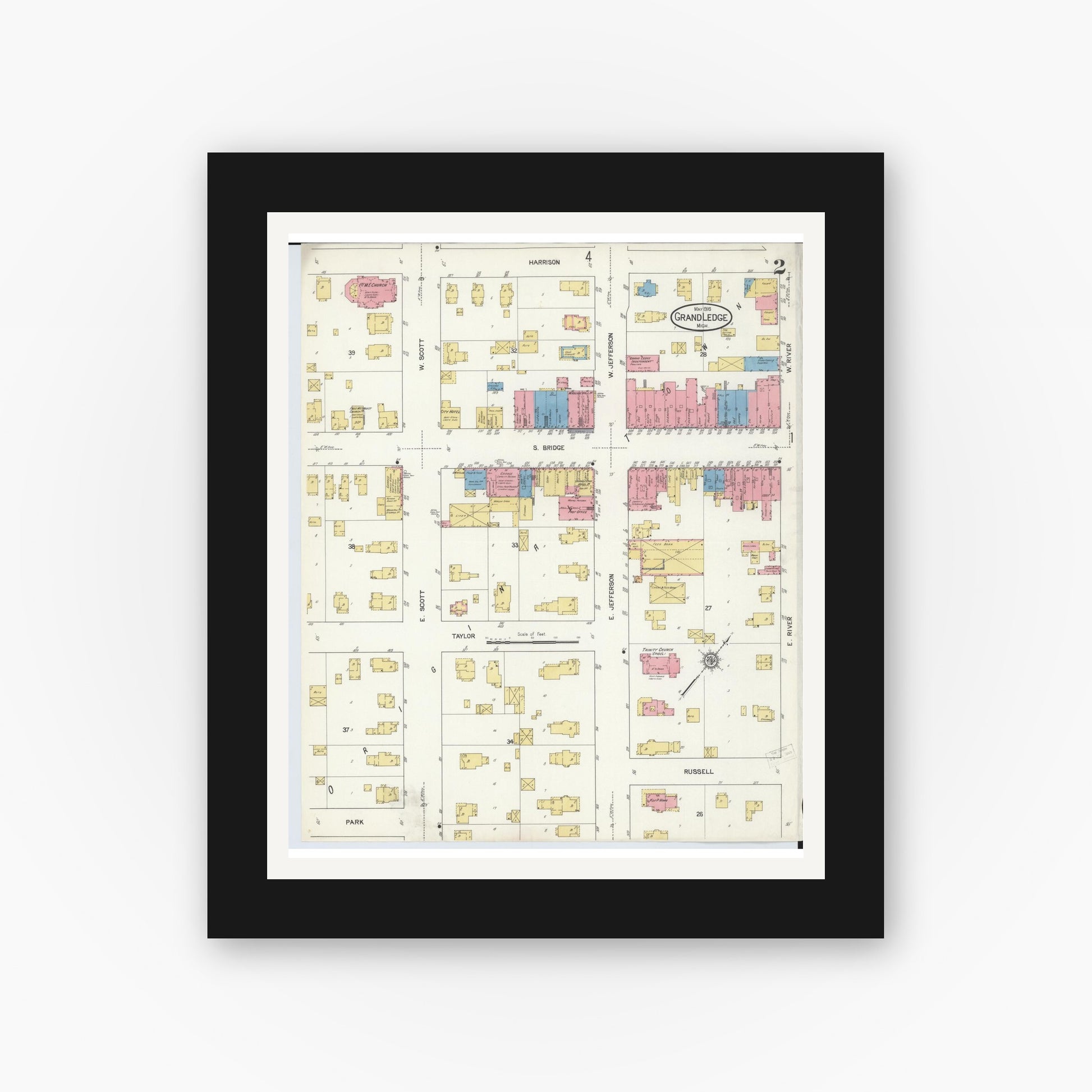 Old map wall art mockup — black gallery frame with white mat — Sanborn Fire Insurance Map from Grand Ledge, Eaton County, Michigan (1916), Sheet #0002