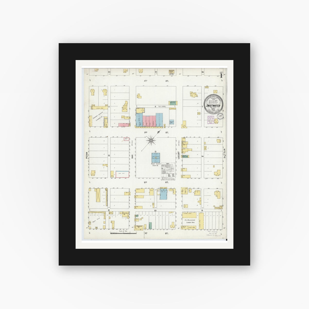 Old map wall art mockup — black gallery frame with white mat — Sanborn Fire Insurance Map from Sweetwater, Nolan County, Texas (1902) - Complete Map Set