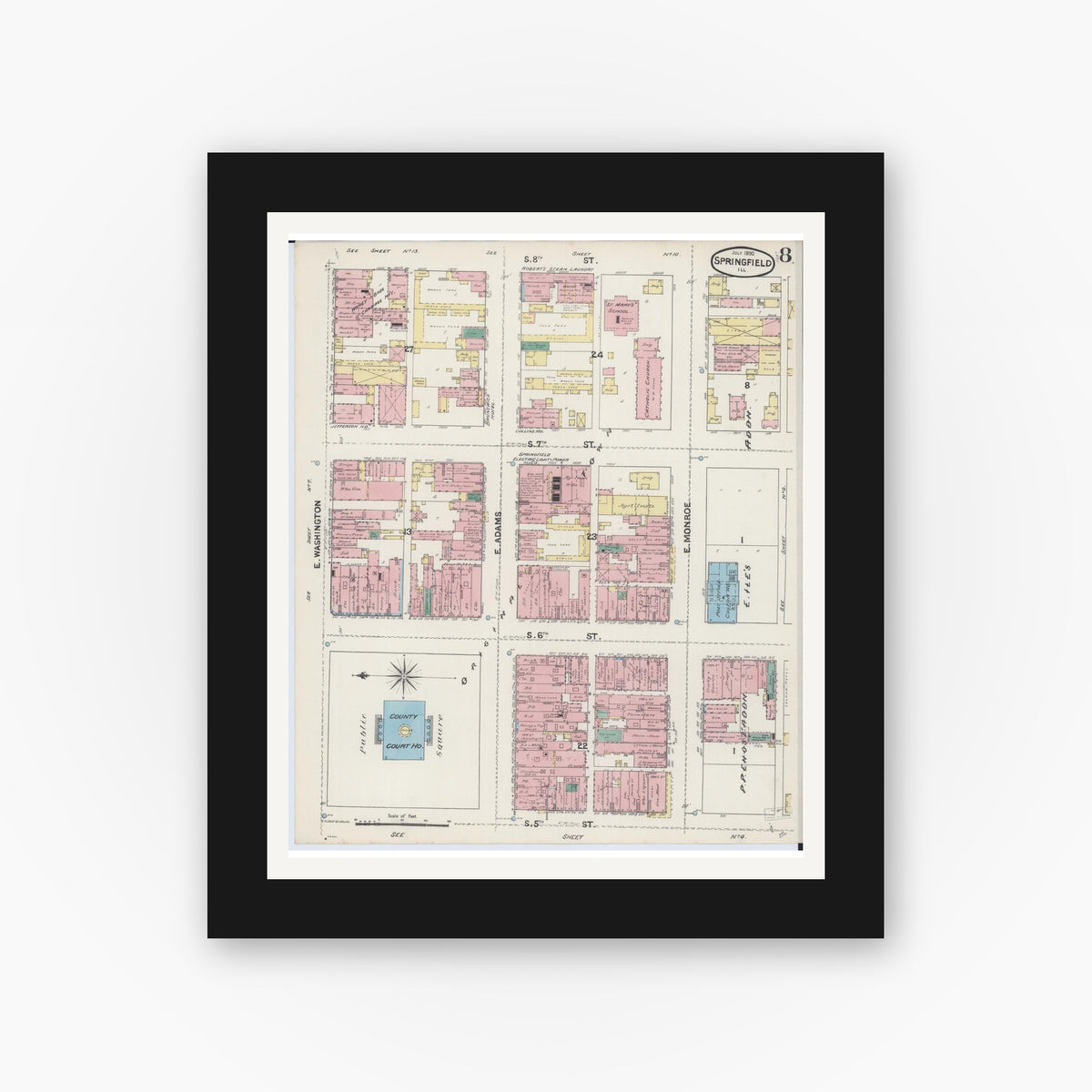Old map wall art mockup — black gallery frame with white mat — Sanborn Fire Insurance Map from Springfield, Sangamon County, Illinois (1890), Sheet #0008