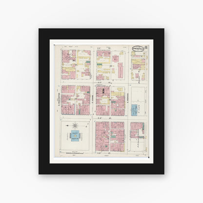 Old map wall art mockup — black gallery frame with white mat — Sanborn Fire Insurance Map from Springfield, Sangamon County, Illinois (1890), Sheet #0008