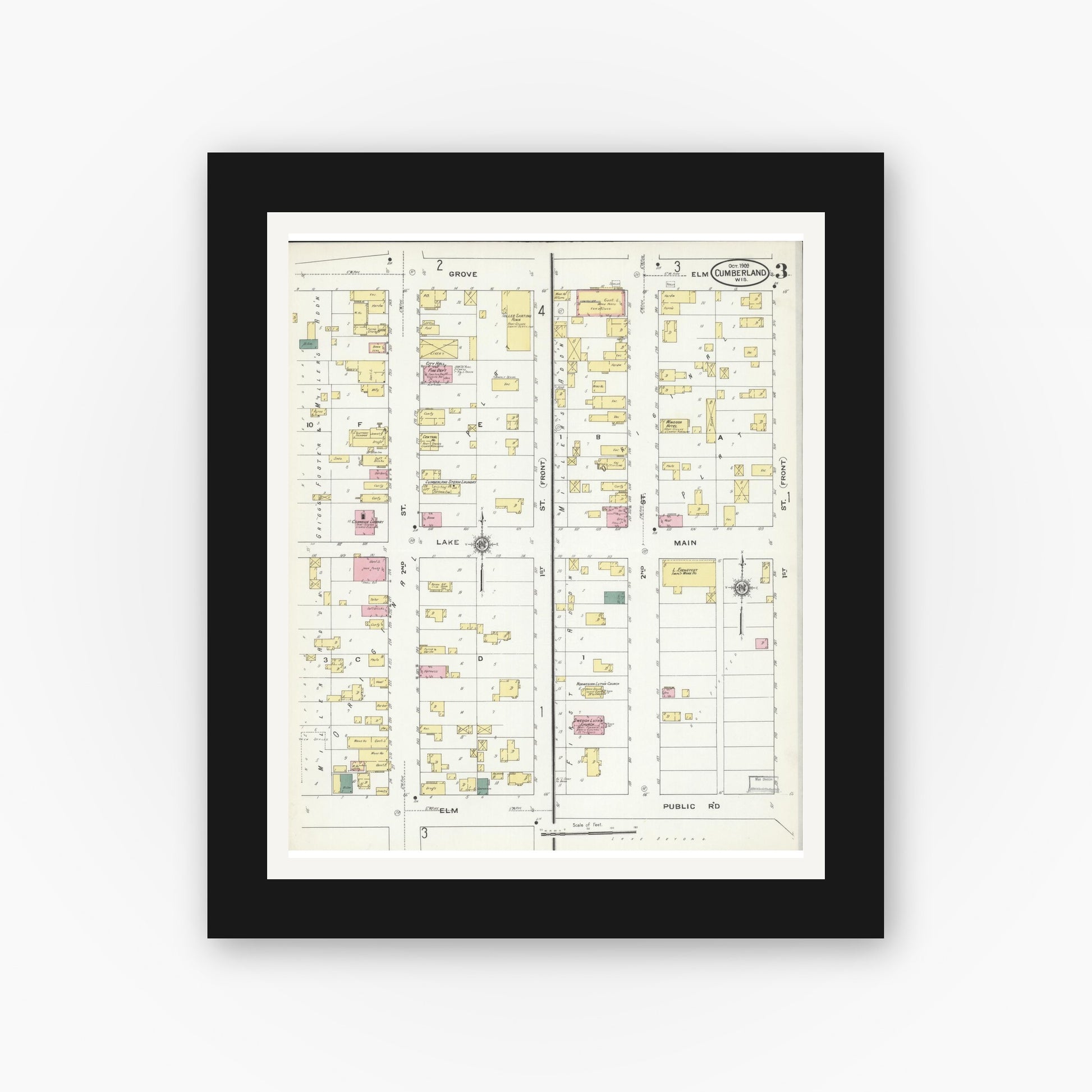 Old map wall art mockup — black gallery frame with white mat — Sanborn Fire Insurance Map from Cumberland, Barron County, Wisconsin (1909), Sheet #0003