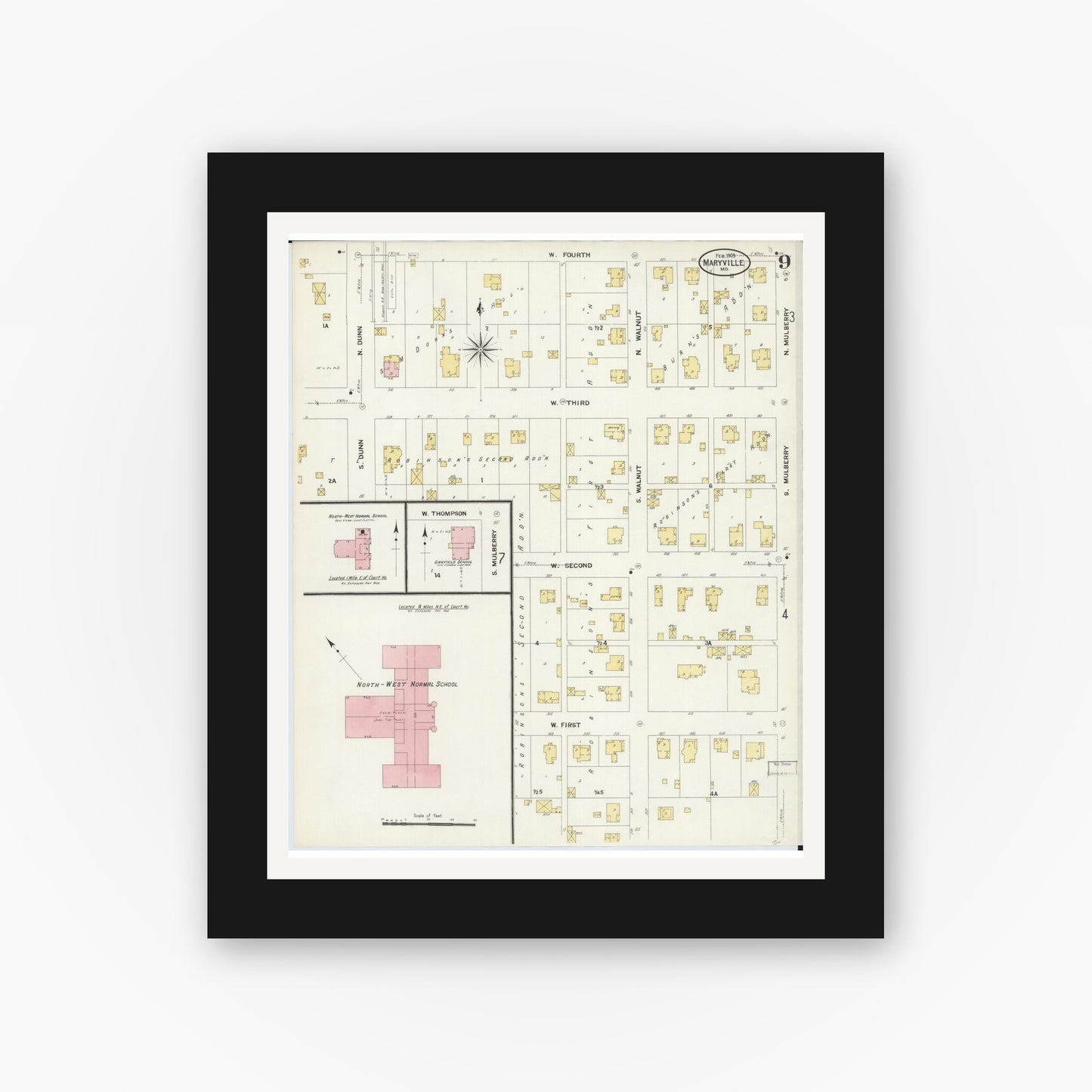 Old map wall art mockup — black gallery frame with white mat — Sanborn Fire Insurance Map from Maryville, Nodaway County, Missouri (1909), Sheet #0009