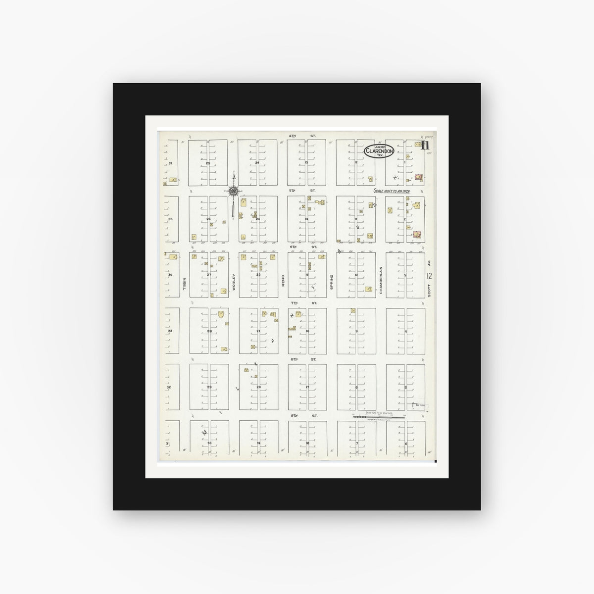 Old map wall art mockup — black gallery frame with white mat — Sanborn Fire Insurance Map from Clarendon, Donley County, Texas (1921), Sheet #0011