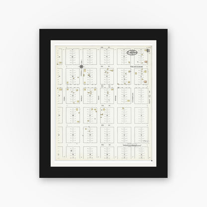 Old map wall art mockup — black gallery frame with white mat — Sanborn Fire Insurance Map from Clarendon, Donley County, Texas (1921), Sheet #0011