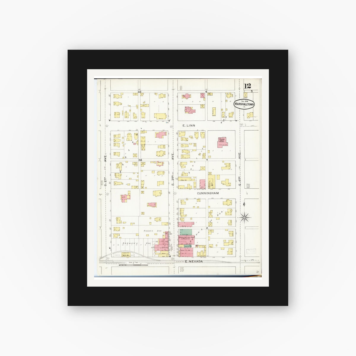 Old map wall art mockup — black gallery frame with white mat — Sanborn Fire Insurance Map from Marshalltown, Marshall County, Iowa (1894), Sheet #0012