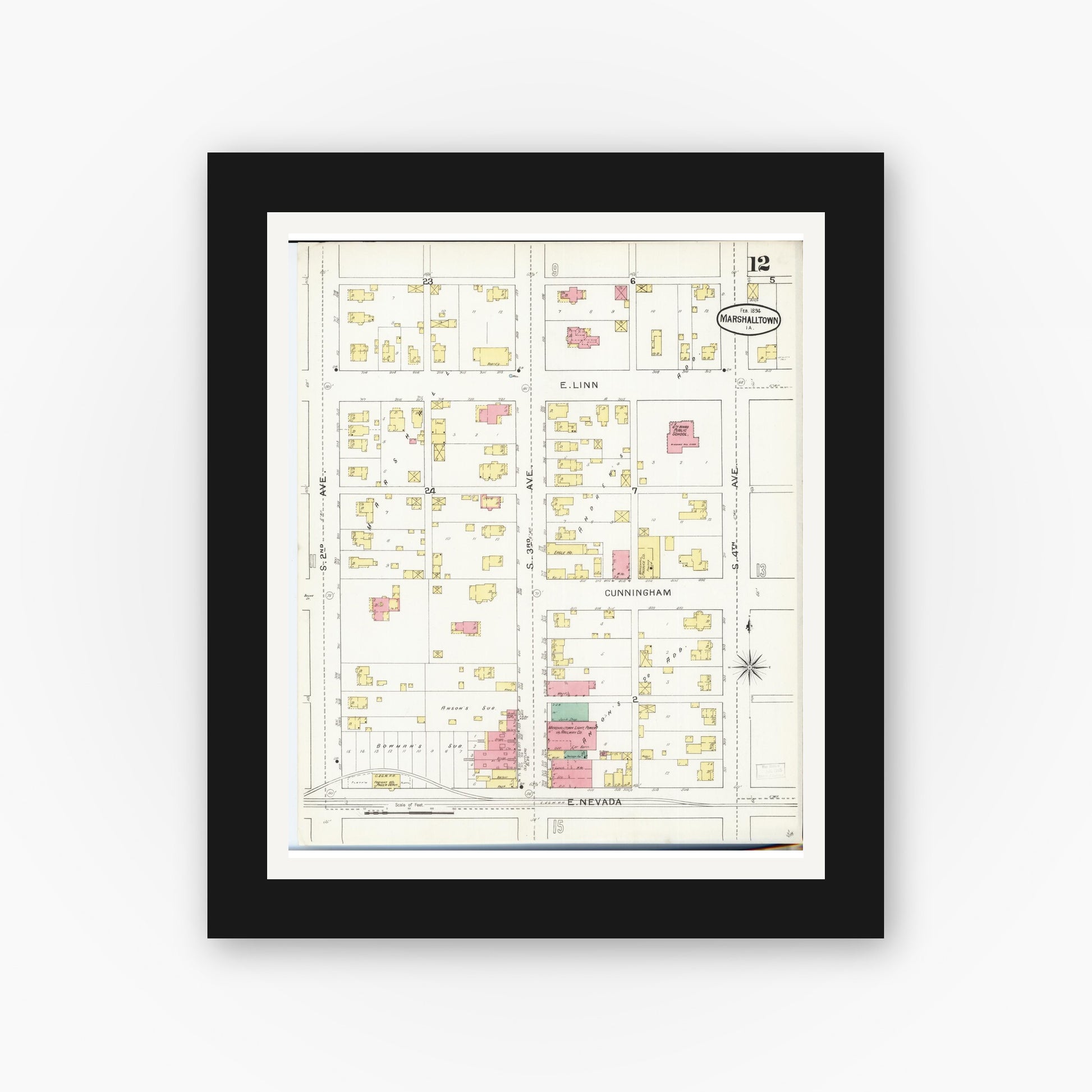 Old map wall art mockup — black gallery frame with white mat — Sanborn Fire Insurance Map from Marshalltown, Marshall County, Iowa (1894), Sheet #0012