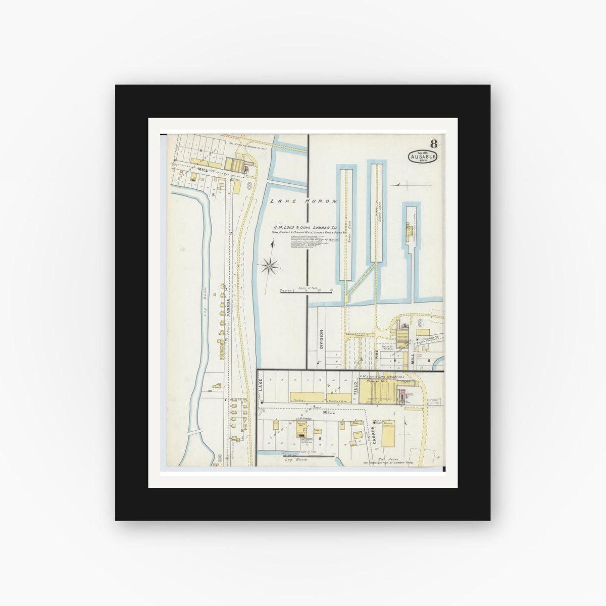 Old map wall art mockup — black gallery frame with white mat — Sanborn Fire Insurance Map from Oscoda, Iosco County, Michigan (1895), Sheet #0008