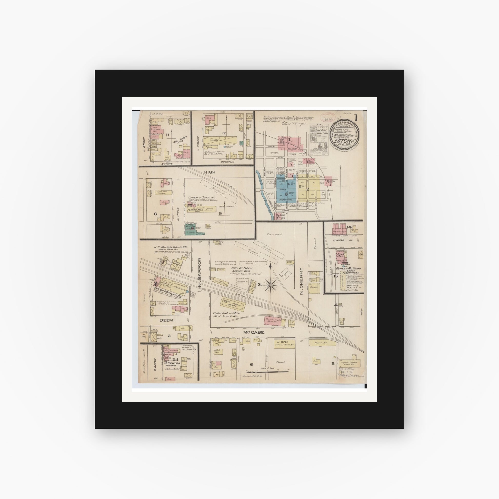 Old map wall art mockup — black gallery frame with white mat — Sanborn Fire Insurance Map from Eaton, Preble County, Ohio (1885), Sheet #0001
